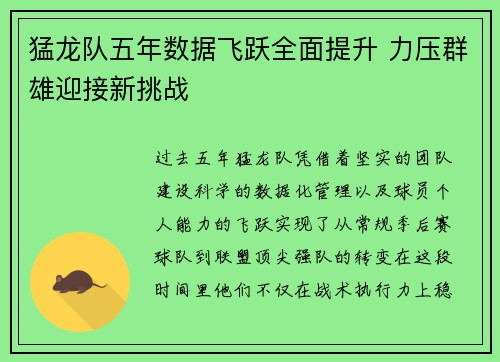 猛龙队五年数据飞跃全面提升 力压群雄迎接新挑战